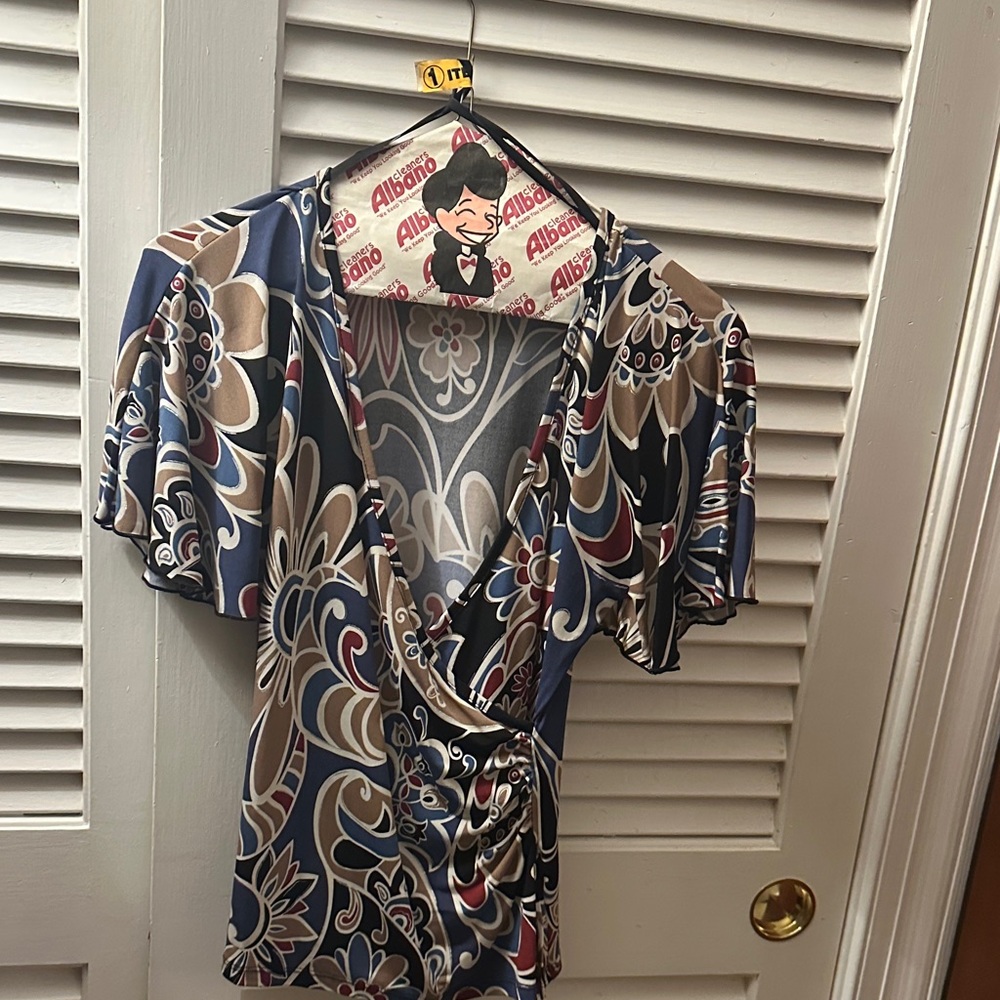 AGB Blue and Brown Floral Wrap Blouse